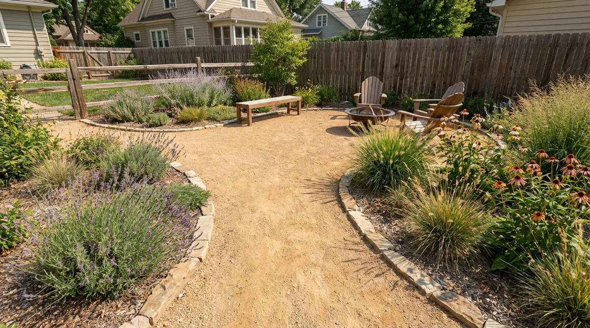 A stabilized decomposed granite patio in a small garden space, showing the natural tan to rust-red coloring that creates a firm, smooth surface. The budget-friendly material provides an informal aesthetic suitable for cottage gardens and naturalistic landscapes, compacting tightly to approach the firmness of asphalt while costing 40-50% less than pavers or poured concrete.