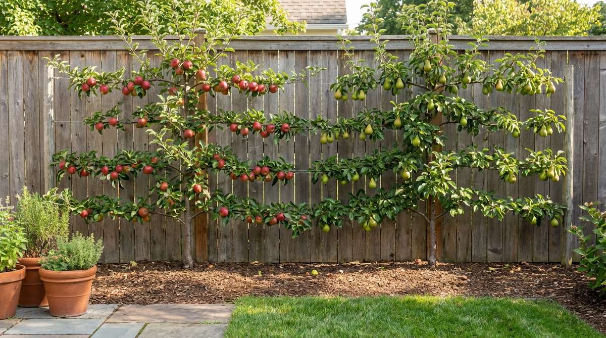 A close-up view of dwarf apple, pear, or peach trees trained as espaliers against a sunny fence in a small backyard garden. The trees are pruned into horizontal cordons with 3-4 tiers spaced 12 inches apart, showcasing full-size fruit on compact trees that occupy minimal depth and remain under 6 feet tall.
