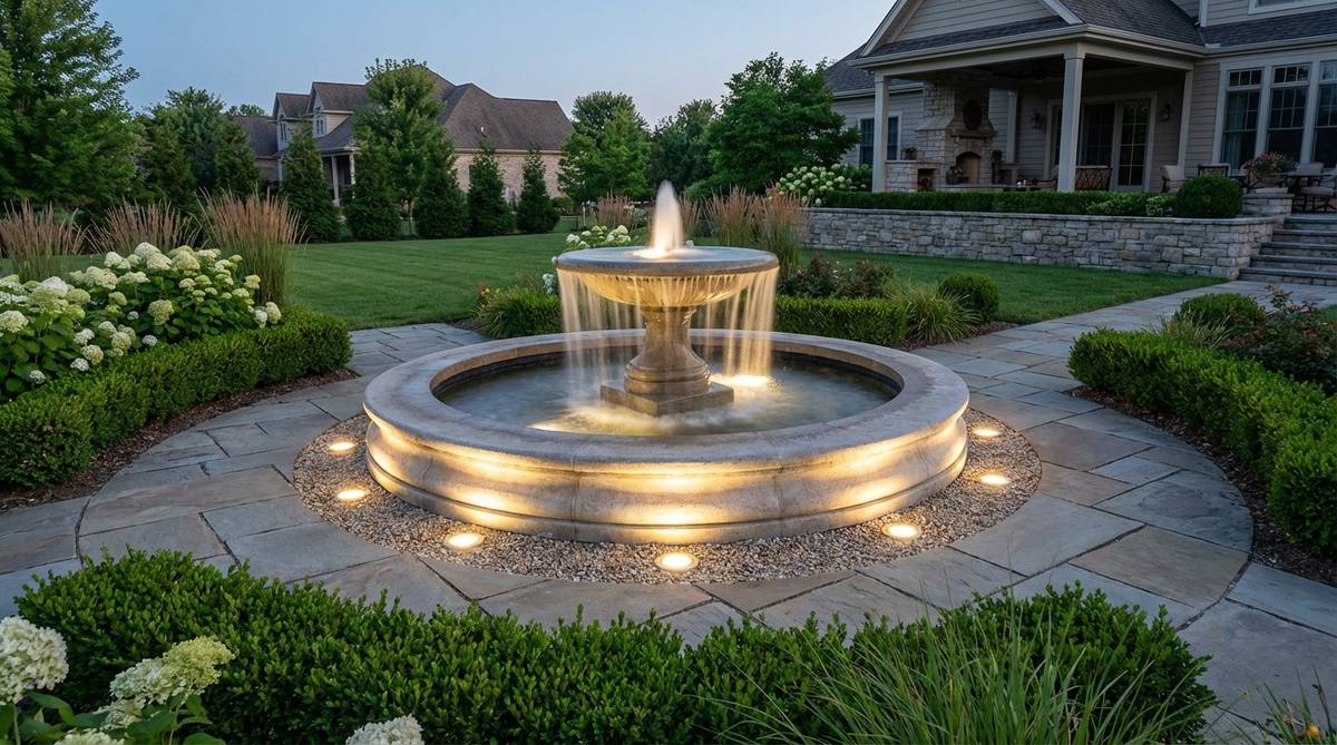 Circular LED arrays installed around a fountain base, providing even illumination from all directions to uplight water jets and cascades. The ring configuration is shown with appropriate intensity matching the fountain scale, demonstrating proportional lighting for optimal visual effect in garden decor.