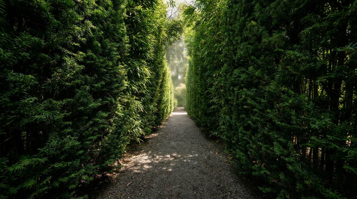 A narrow passage in a Japanese garden formed by tall evergreen hedges, creating a sense of enclosure and focusing attention forward. The hedges are dense and well-maintained, with a width of 3-4 feet and height of 8-10 feet, using plants like Japanese yew or bamboo. This design element builds anticipation for the destination and makes subsequent open areas feel more expansive.