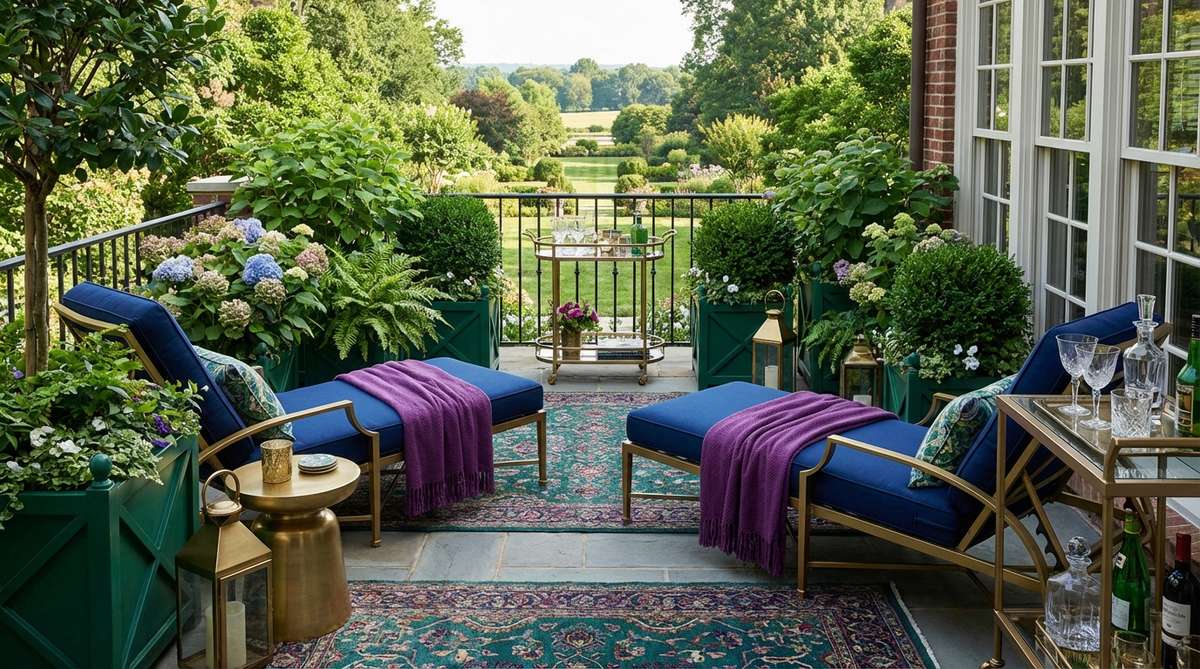 A luxurious balcony featuring deep sapphire, emerald, and amethyst jewel tones, balanced with metallic gold or brass accessories, creating an intimate retreat with sophisticated saturated colors.