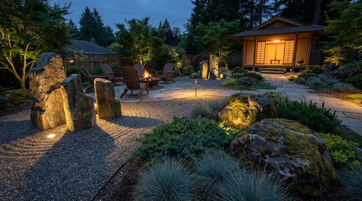 A serene evening view of a Zen garden with discrete LED uplighting placed beneath stone groupings, creating dramatic shadows and extending garden use past sunset. The warm white temperature enhances the natural ambiance, while timers or motion sensors conserve energy and maintain security.