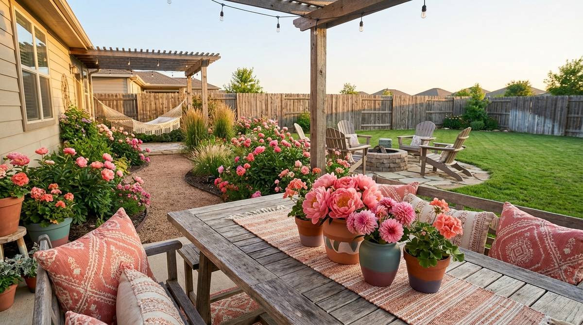 A vibrant boho garden featuring soft pink and coral highlights, with coral charm peonies, pink dahlias, and salmon geraniums creating a warm, romantic atmosphere. The colors are complemented by painted pots, cushions, and table linens in balanced palettes with neutrals and jewel tones.