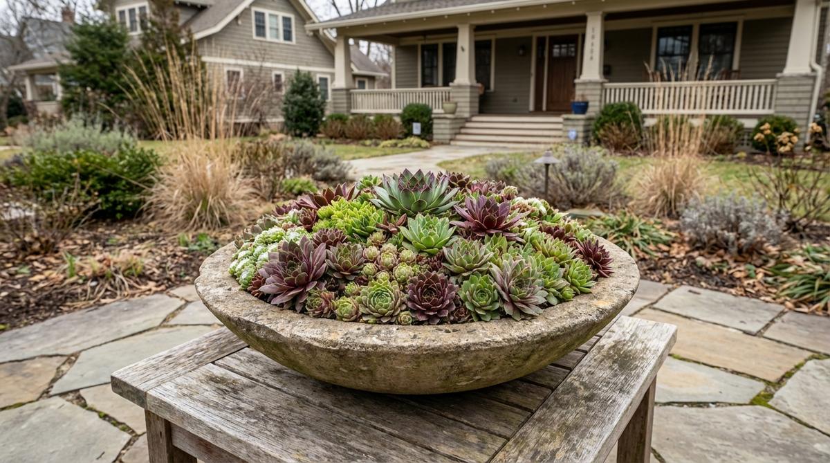A shallow bowl densely planted with cold-hardy sedum and sempervivum succulents, showcasing their rosette forms that create textured patterns. This low-maintenance arrangement is ideal for balcony decor, surviving freezing temperatures with minimal water while naturally multiplying to fill gaps over time.