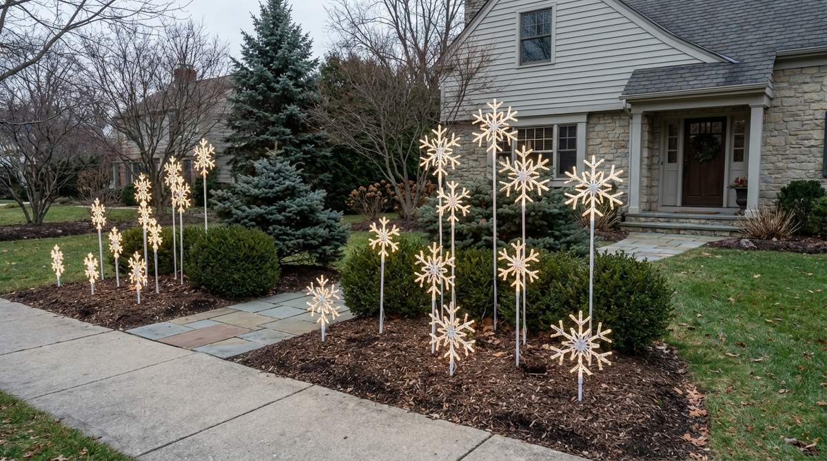 A beautiful outdoor Christmas decor arrangement featuring illuminated snowflake stakes clustered at varying heights in foundation beds, creating the illusion of snow suspended mid-fall. The dimensional arrangement adds depth to flat planting areas, with taller stakes positioned toward the rear and shorter ones forward to maximize visible layering from street view. The delicate snowflake forms contrast effectively with solid evergreen backgrounds, perfect for holiday garden decoration.