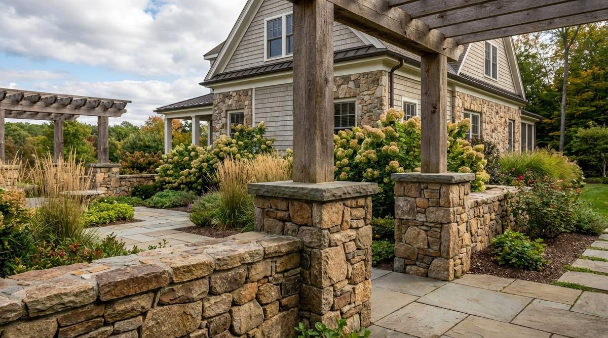 A close-up view of stone veneer columns wrapping structural posts in a garden, showcasing architectural presence and vertical elements that define spaces and support overhead structures, with stone matching the home foundation and hardscape materials to create rhythm in long garden views.