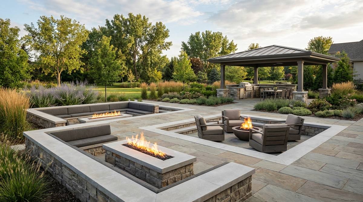A modern garden featuring sunken fire pit courts, showcasing intimate conversation areas dropped 12-18 inches below grade with wide coping edges for seating and gas fire features for clean operation.