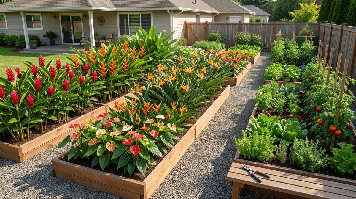 A functional tropical cutting garden featuring rows of vibrant flowers like ginger, heliconia, bird of paradise, and anthurium, designed for easy harvest to create indoor arrangements. Positioned near vegetable gardens, this layout ensures continuous blooms for home display, emphasizing practicality in a tropical garden setting.