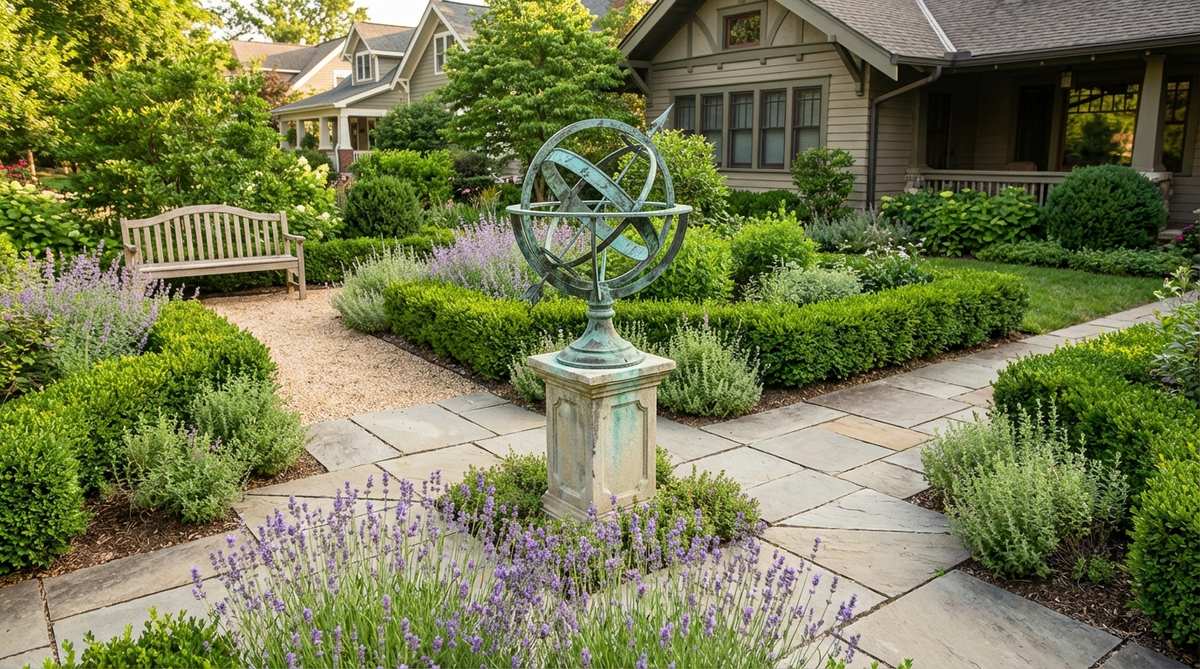 An antique-style armillary sphere, an astronomical instrument displaying celestial meridians and ecliptic bands, mounted on a pedestal as a decorative garden ornament. Crafted in bronze or verdigris finishes, it adds a historical and scientific touch to gardens, ideal for placement at pathway intersections or as a focal point in herb gardens, with functional versions aligning to true north and latitude.