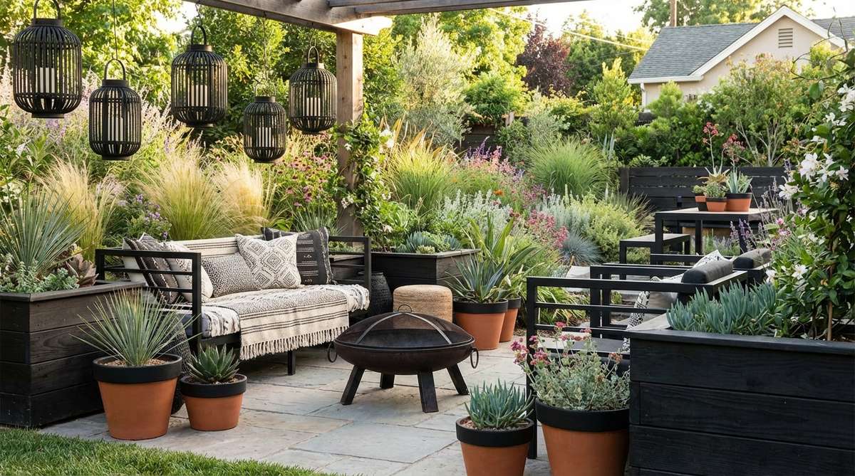 Strategic black elements in a boho garden, such as metal furniture frames, lantern finishes, or painted pot rims, provide visual weight and sophistication. These dark tones anchor compositions and add a modern edge to eclectic traditional elements, preventing bohemian palettes from appearing washed out.