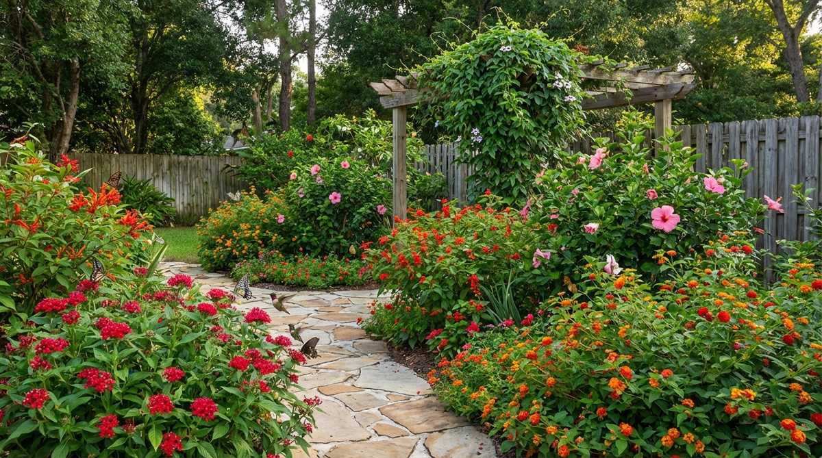A vibrant tropical garden filled with nectar-rich plants like pentas, lantana, firebush, and hibiscus, attracting colorful butterflies and hummingbirds. Includes host plants like passion vine for butterfly larvae, creating a wildlife-friendly space without pesticides.