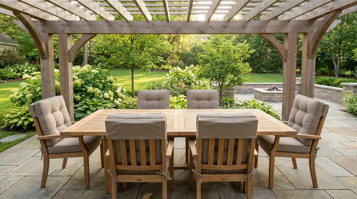 Outdoor cushioned dining chairs with removable, quick-dry foam cushions in weather-resistant fabrics, featuring ties or non-slip pads for secure attachment, ideal for comfortable and extended dining sessions in outdoor settings.