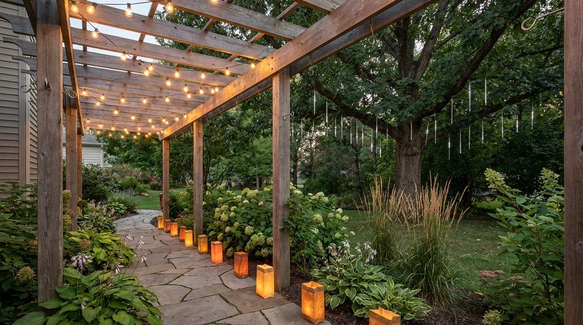 A cozy garden with rotating seasonal lighting displays, showing summer string lights transitioning to autumn luminarias and winter icicle strands, with permanent mounting hooks for easy seasonal changes.