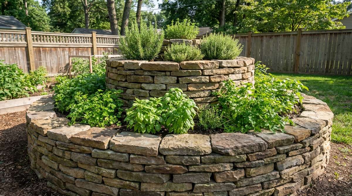 A raised spiral garden bed constructed with stone or urbanite materials, approximately 3-4 feet tall with a 6-foot diameter footprint. The design creates multiple microclimates for different herbs: Mediterranean herbs like rosemary and thyme at the well-drained summit, and moisture-loving herbs like basil and parsley at the water-collecting base. This space-efficient structure is ideal for small backyard gardens.