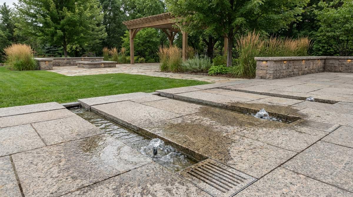 A contemporary stone garden water feature showing narrow linear channels cut through stone paving. The precise geometric design creates modern fountain effects with water flowing through granite or concrete channels that disappear at terminal grates over reservoirs.