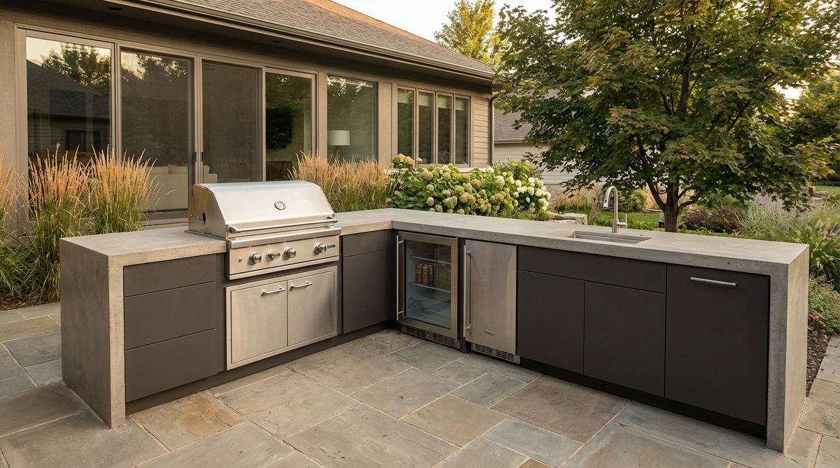 A modern minimalist outdoor kitchen featuring integrated stainless steel appliances, concrete countertops, and concealed utilities within base cabinets for a clean, streamlined appearance.