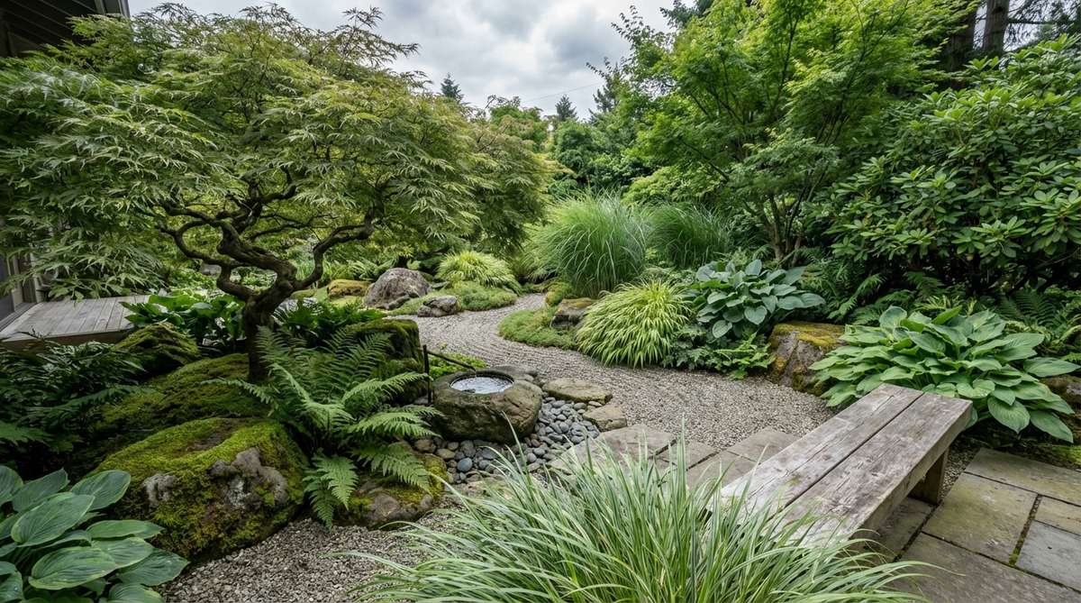 A serene image showcasing a monochrome plant palette in a zen garden, featuring various shades of green and gray-green plants with diverse leaf sizes and growth habits. This minimalist planting scheme emphasizes form, texture, and spatial relationships, creating a focused and tranquil atmosphere.