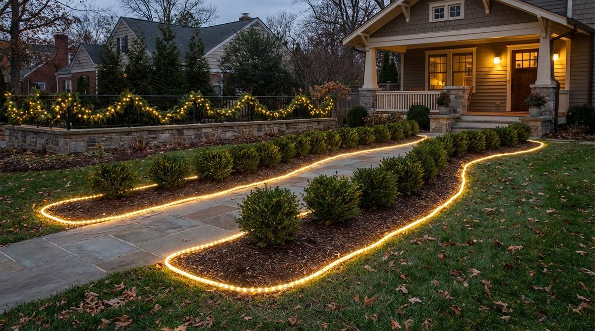 A rope light installation along pathway edges creating glowing borders for outdoor Christmas decor, providing continuous ground-level illumination that enhances safety and aesthetic appeal in both formal and casual landscapes.
