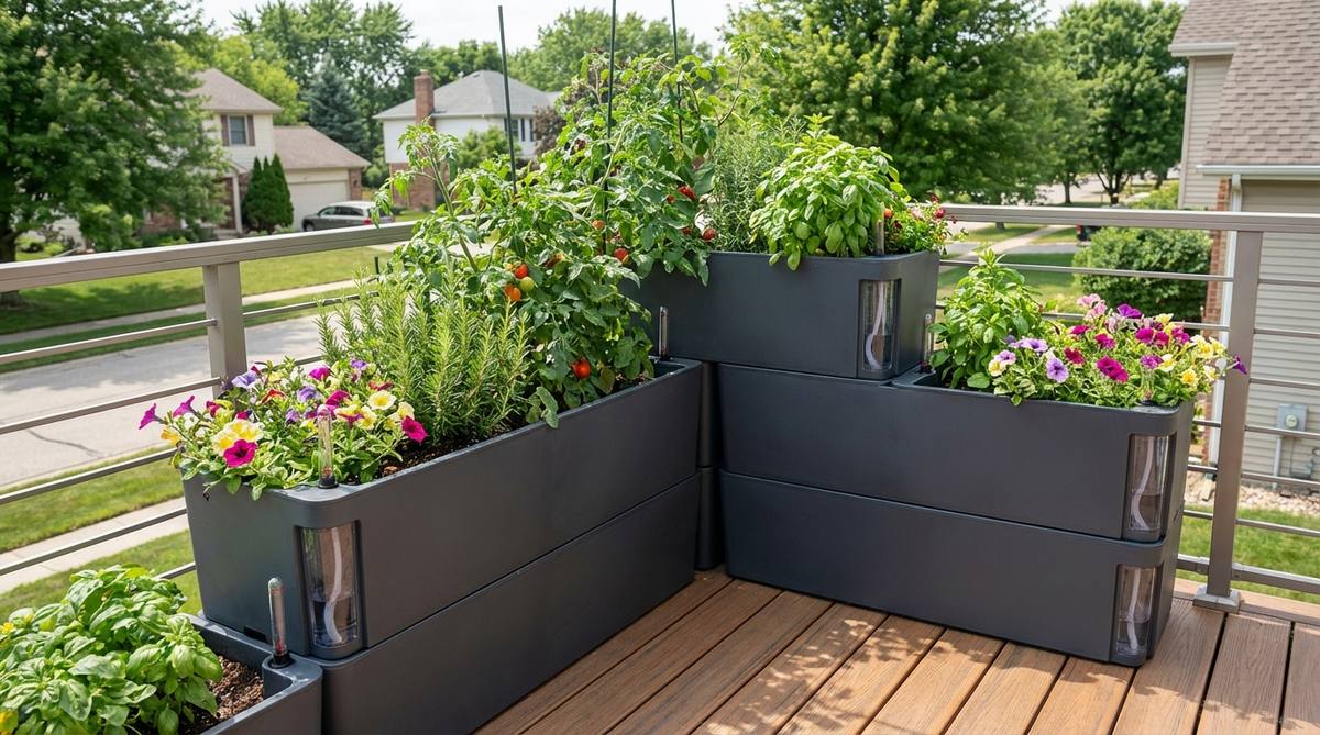 A modern self-watering container system on a balcony, showing plants thriving with sub-irrigation technology that uses built-in reservoirs and capillary action to provide consistent moisture, reducing watering frequency while promoting healthy root systems.