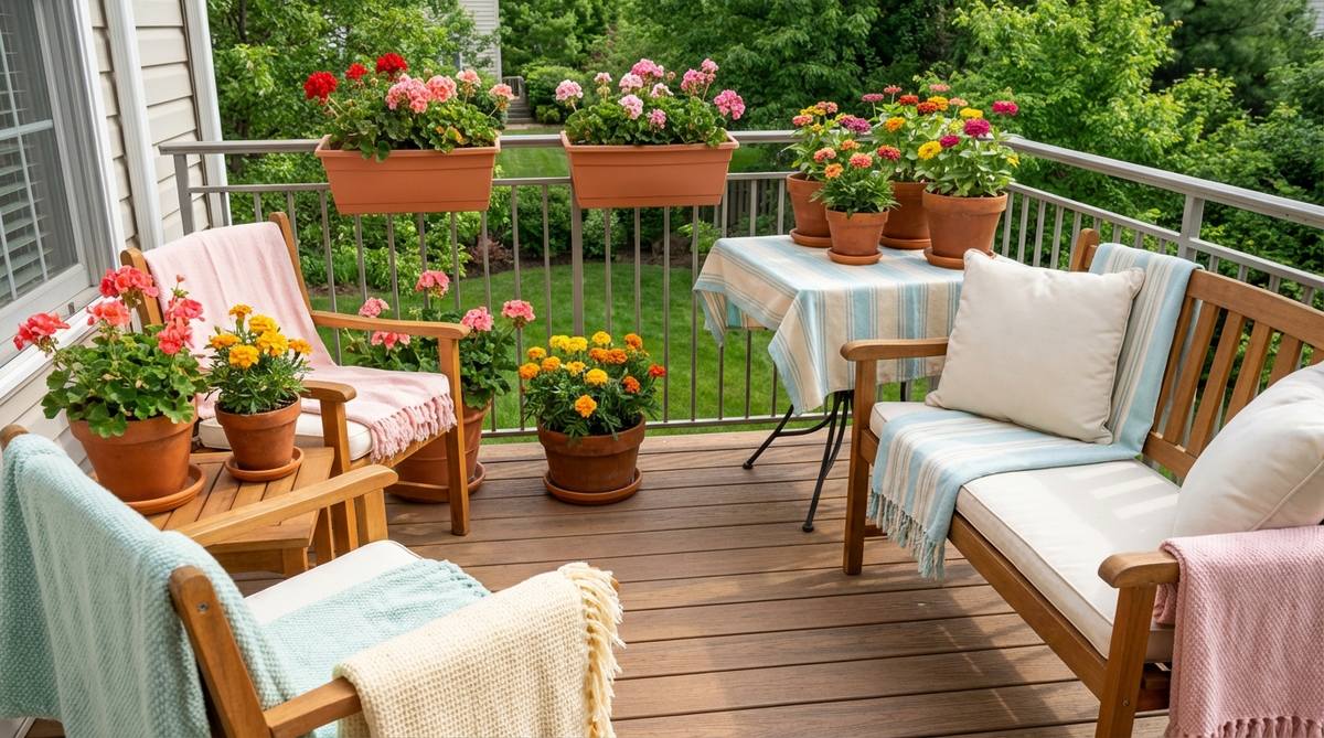A balcony decorated for spring with lightweight pastel cotton textiles, flowering annuals like geraniums, marigolds, and zinnias, and freshly cleaned furniture and cushions after winter.