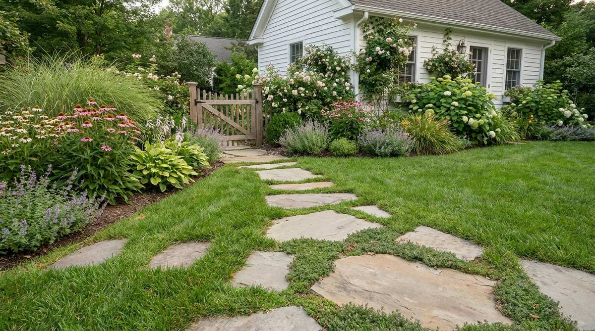 A stepping stone pathway made of individual pavers set in turf or groundcover, spaced one comfortable stride apart (24-26 inches center to center). This casual path guides movement without formal definition, preserving maximum planting area while providing dry footing during wet weather. The informal character is ideal for cottage gardens and small garden spaces.