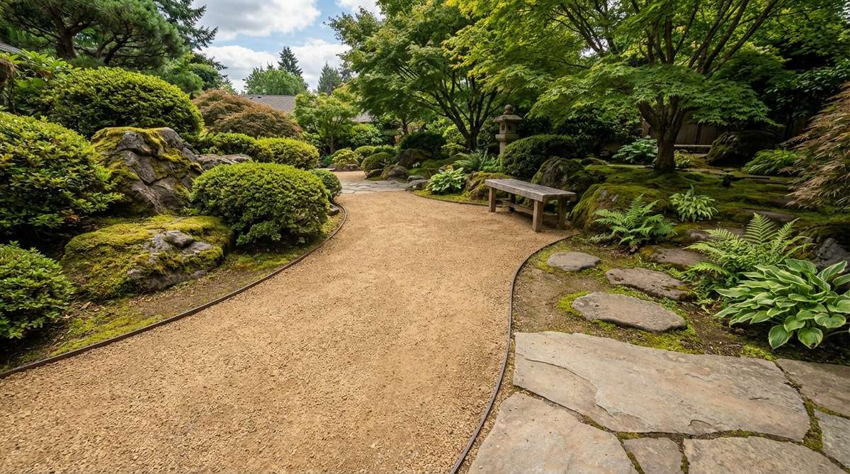 A stone dust path in a Japanese garden, showing decomposed granite or crushed stone creating a natural surface that transitions between formal paving and informal stepping stones. The path is edged with hidden steel or aluminum to contain the material and maintain crisp boundaries without visible intrusion, while allowing effective drainage and comfortable walking.