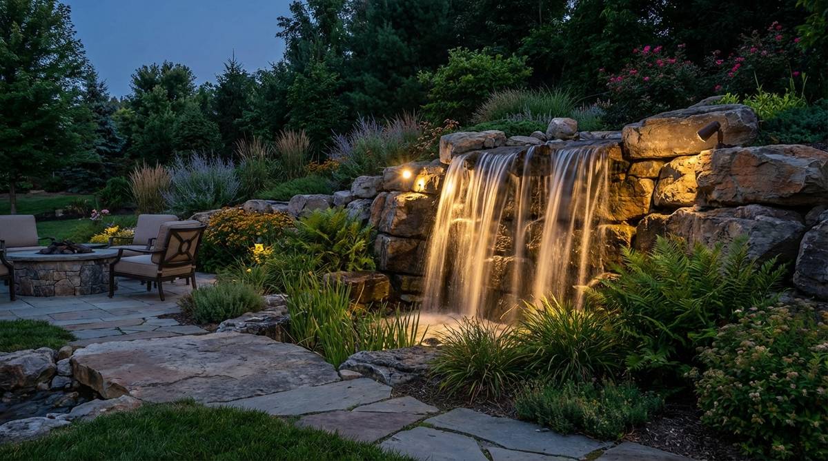 Narrow-beam spotlights aimed at waterfall faces to emphasize water texture and movement, creating dramatic focal points visible across entire garden spaces. Installed on adjacent rocks or structures for longevity and visual impact.