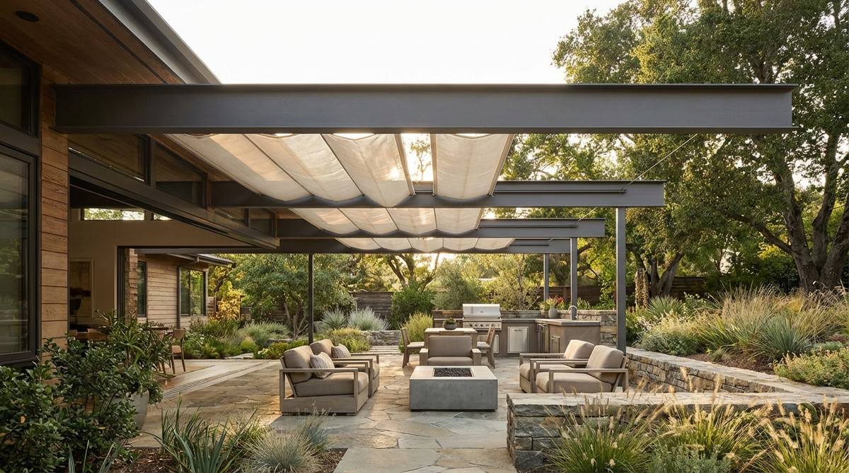 A modern garden featuring cantilevered shade structures with clean architectural lines and minimal supports. The overhead fabric panels provide adjustable shading while maintaining an unobstructed ceiling plane above seating areas, creating a floating shelter effect that enhances the garden's contemporary aesthetic.