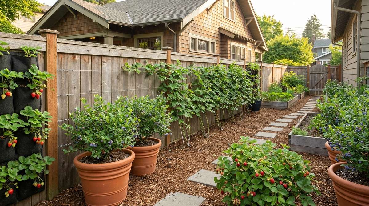 A garden design showcasing compact berry patches in a small backyard, featuring thornless blackberries trained on single wires, day-neutral strawberries in vertical pockets, and dwarf blueberries in containers. Includes compact varieties like 'Raspberry Shortcake' (2 feet tall) and 'Top Hat' blueberry (20 inches) for space-efficient fruit harvests without traditional sprawl.