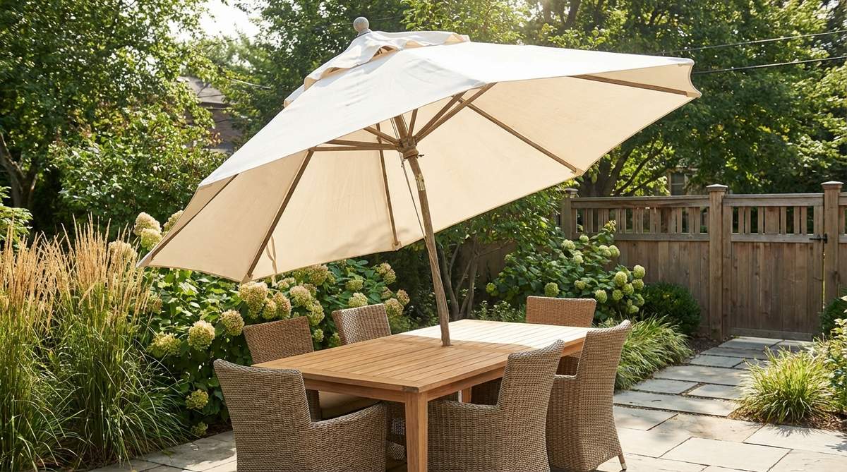 A market umbrella inserted through a dining table center, providing shade with a tilting mechanism to follow the sun. Features a vented canopy for wind passage and extends 2 feet beyond the table edges for comfortable outdoor dining during bright daylight.