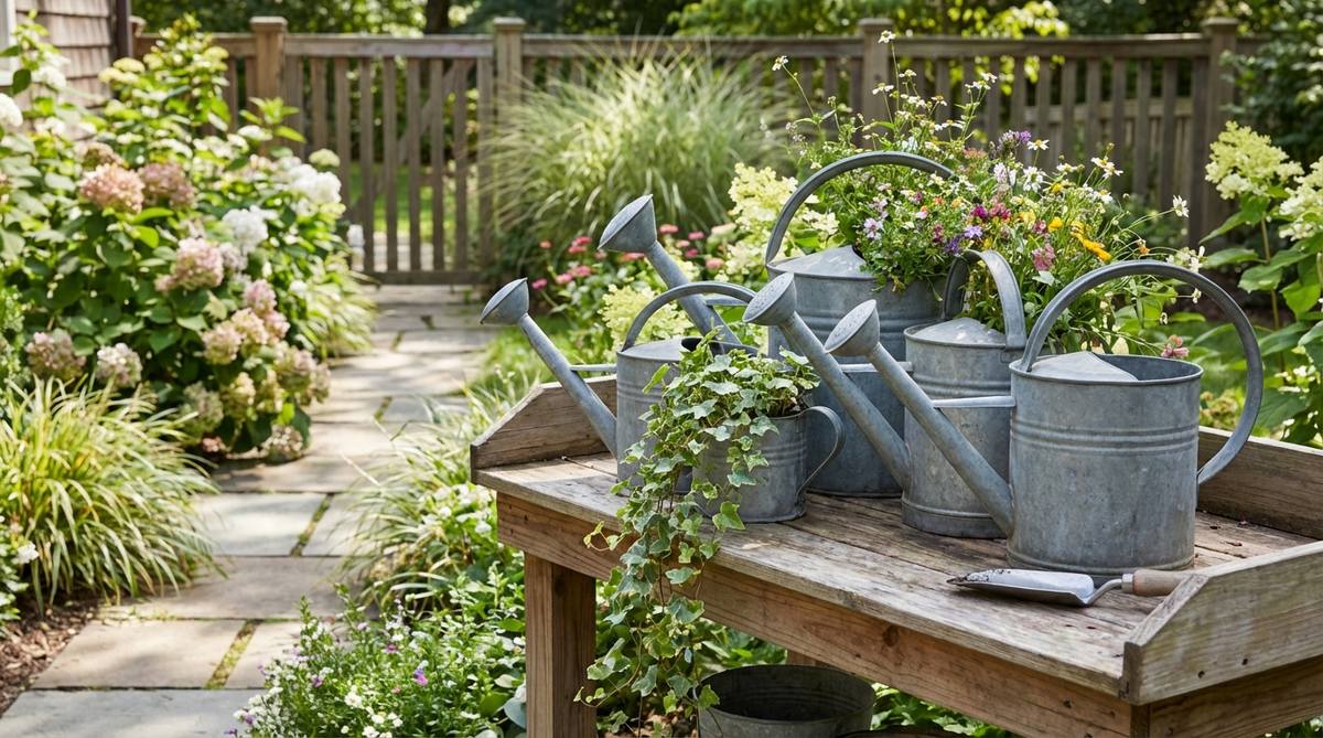Vintage or reproduction metal watering cans with arched handles and long spouts, used as sculptural garden decor or functional tools. They feature a zinc coating that develops a dull gray patina over time. Ideal for clustering in varied sizes on potting benches or repurposing as planters for wildflowers and trailing plants, with options to drill drainage holes for permanent planting.