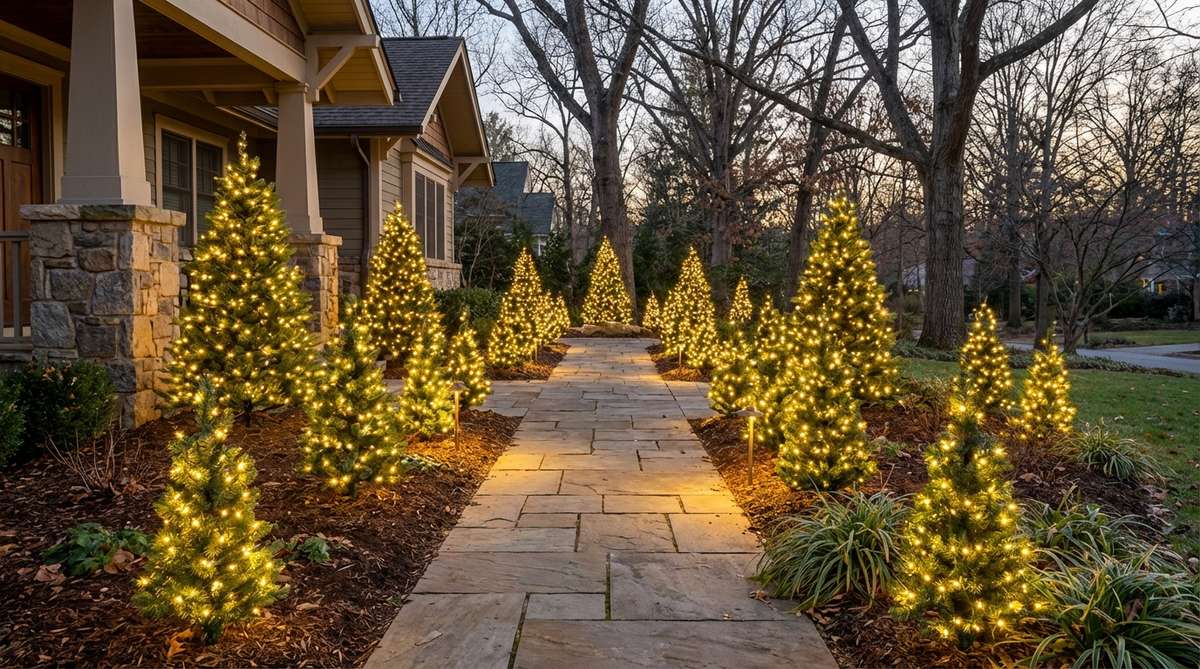 Small pre-lit tree forms lining a pathway to create an illuminated forest corridor effect for outdoor Christmas decor. The graduated sizing from small at path edges to larger near foundations establishes depth perception, with 2-3 foot versions spaced at regular intervals to draw eyes forward along circulation routes.