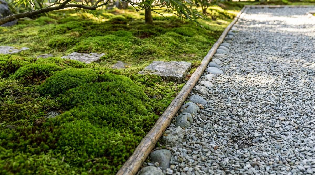 A close-up view of a Japanese garden showing a transition from soft green moss to crunching gravel, with partially buried stones or bamboo edging creating a clear boundary between the two textures, illustrating the sensory shift between contemplative and active zones.