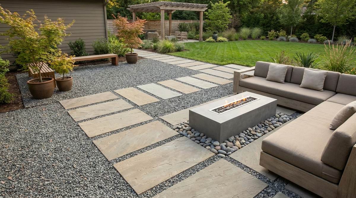 A contemporary outdoor living area with zen garden elements, featuring gravel zones between seating and a fire feature, blending meditation and entertainment spaces.