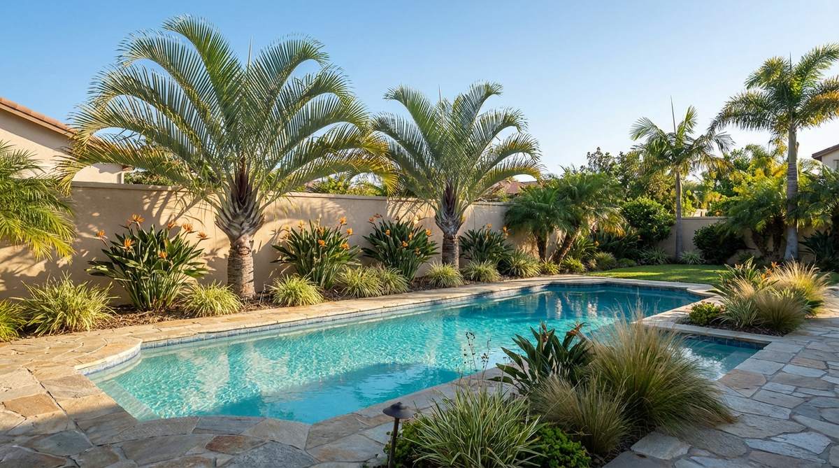 A tropical poolside landscape design featuring non-shedding palm trees, bird of paradise plants, and ornamental grasses. The garden is carefully planned to avoid messy plants that could drop leaves or flowers into the swimming pool water. The selection includes salt-tolerant species suitable for pools with chlorine systems, with proper setback to prevent root damage to pool structures.