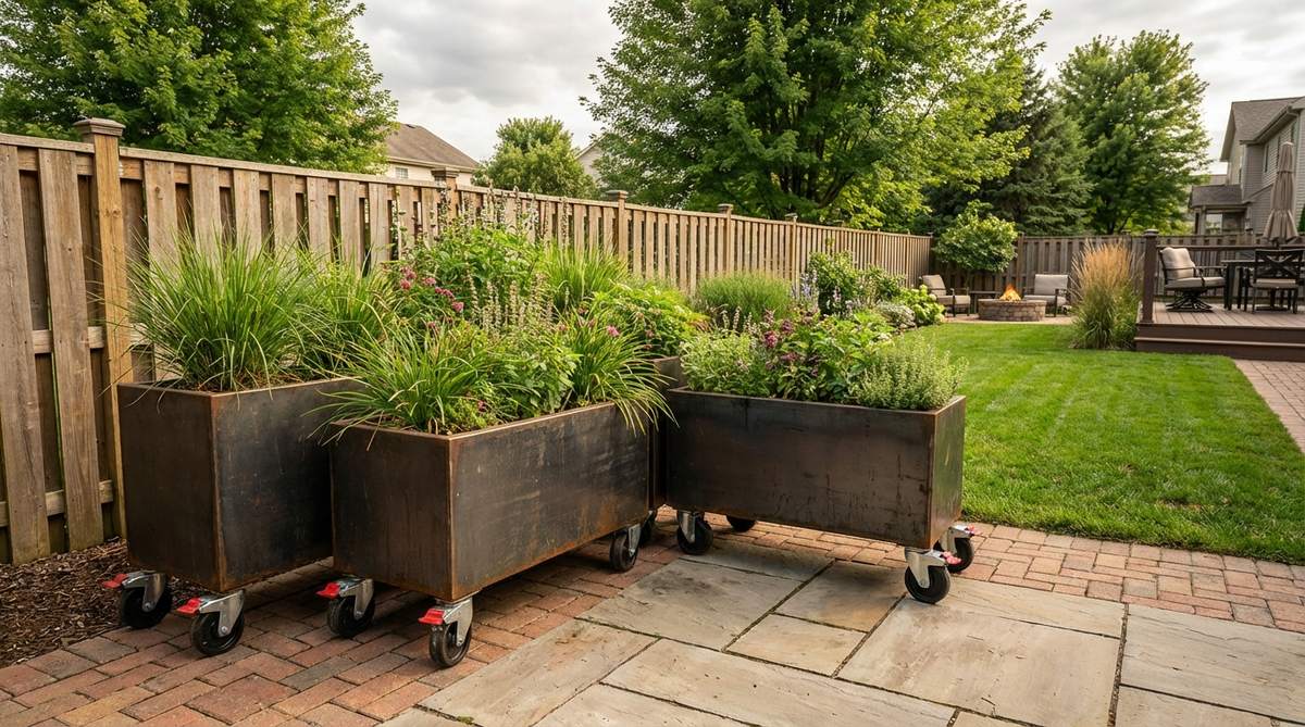 A set of rolling planter boxes with heavy-duty casters, ideal for movable garden elements in small spaces. The planters are shown grouped together to create a temporary screen, featuring rust-proof materials and locking casters for stability during wind events.