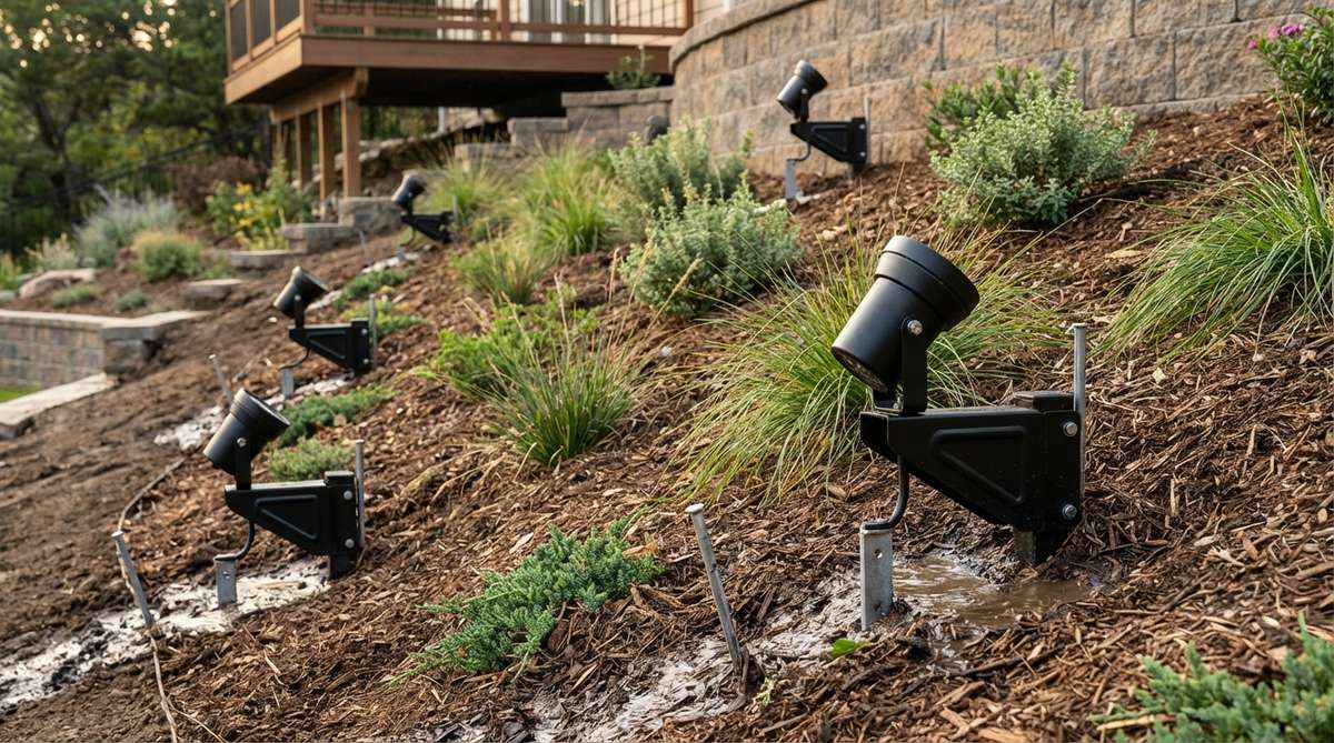 Professional installation of slope stabilizer lights in a garden setting, showing adjustable mounting brackets securing lights on a hillside with buried stakes for erosion resistance during precipitation.