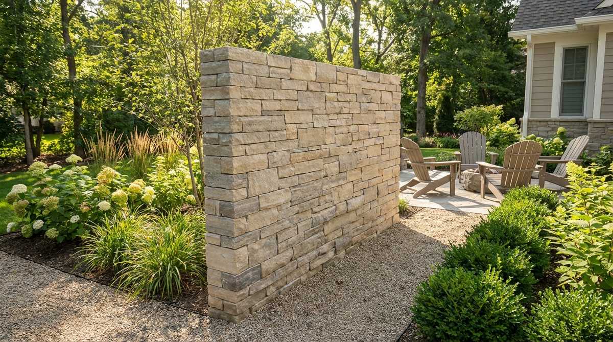 A partial-height stacked stone screen wall in a garden, built with dimensional cut stones in a running bond pattern. The wall stands at 4-6 feet tall, providing privacy while allowing filtered views and maintaining spatial connection between garden rooms.