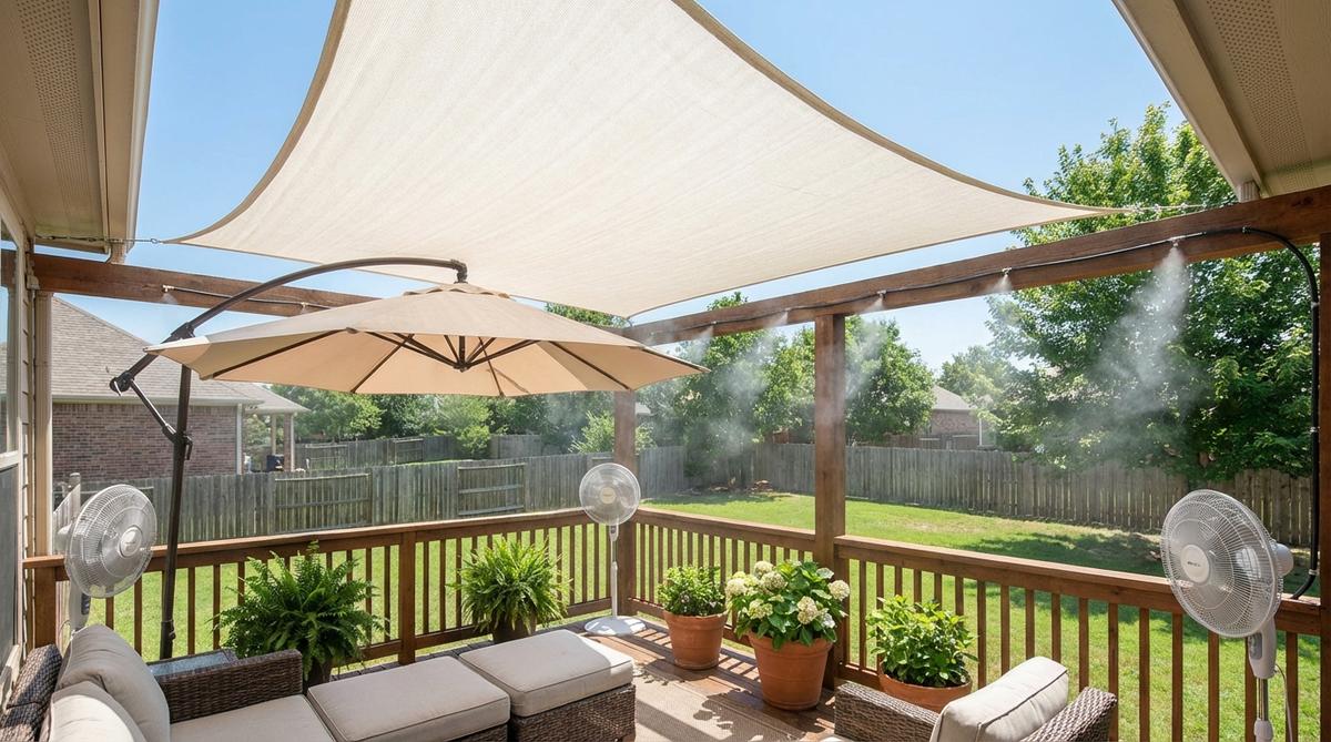 A balcony decorated with shade sails, market umbrellas, and portable fans to provide cooling during hot summer days. Light-colored fabrics reflect heat, while misting systems offer evaporative cooling, making the space comfortable and usable even in midday heat.