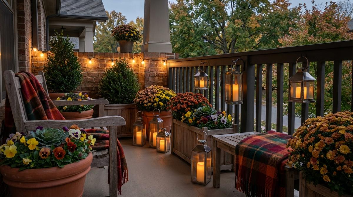 A cozy autumn balcony scene featuring plaid throws, cold-tolerant plants like pansies and mums, and lanterns with flameless candles for a warm glow in the evening.