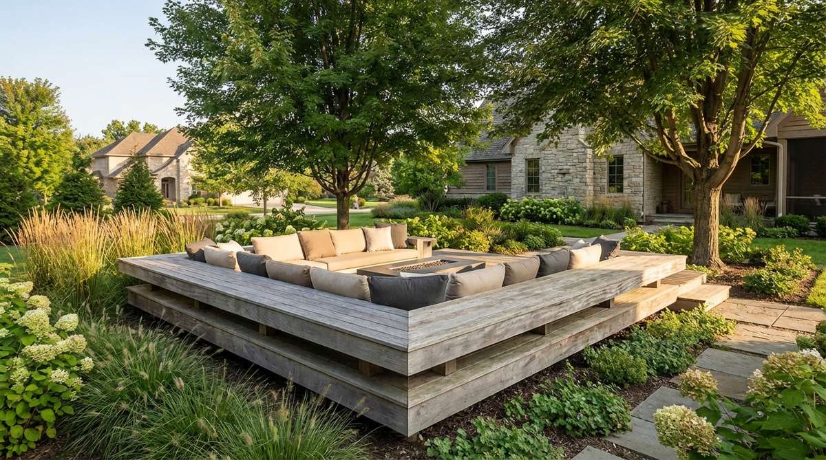 An elevated lounging surface with concealed supports, appearing to hover above the garden floor, outfitted with weather-resistant cushions in neutral tones, positioned to capture afternoon shade or evening views.