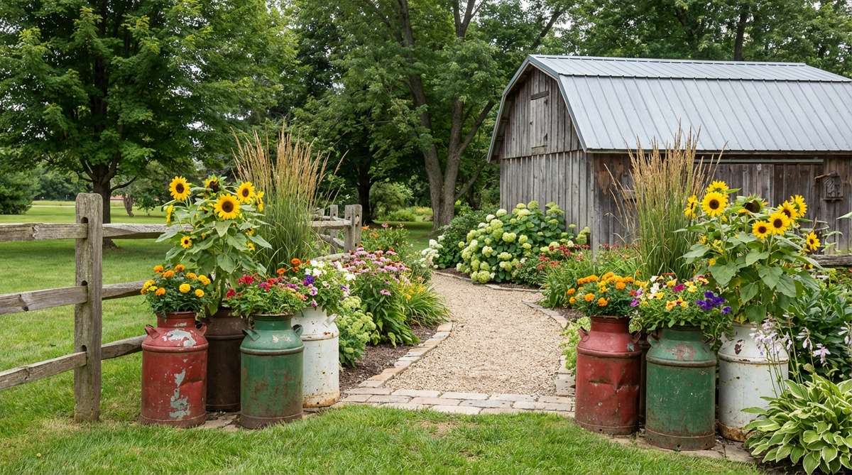 Tall cylindrical milk can planters repurposed as large-scale garden decor, ideal for ornamental grasses, sunflowers, or mixed annuals. Authentic versions feature dents and paint wear, perfect for grouping near barn-style outbuildings or along fence lines to enhance an agricultural aesthetic. Their vertical form complements informal cottage plantings, adding rustic charm to outdoor spaces.