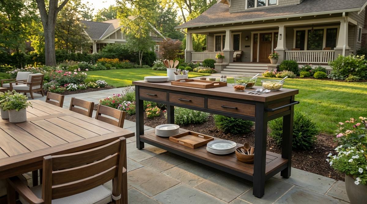 A weather-resistant outdoor serving station or console table positioned near a dining area, holding serving dishes and utensils to reduce table crowding. The buffet setup includes trays and serving accessories, creating a streamlined, restaurant-like dining experience for outdoor events.
