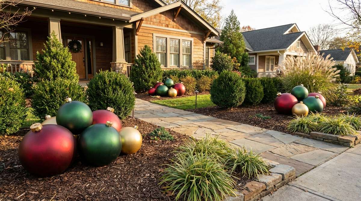 Large shatterproof Christmas ornaments arranged in color-coordinated clusters along foundation beds or pathway edges, creating bold ground-level color accents for outdoor holiday decor.