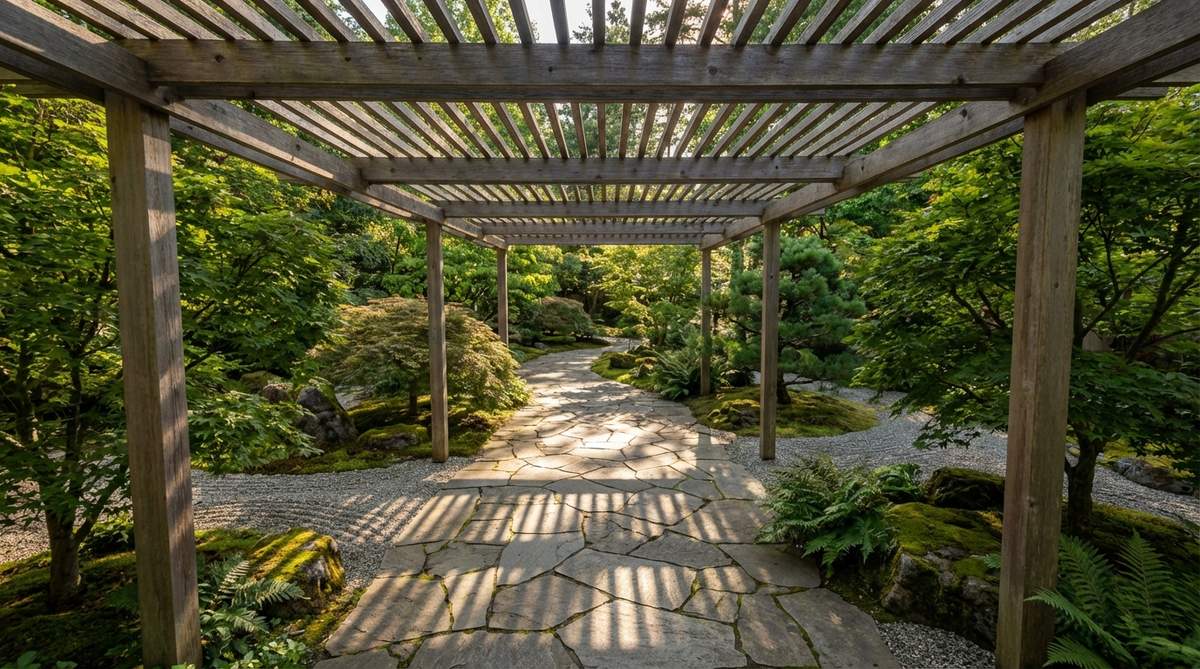 A wooden pergola structure in a Japanese garden, casting dappled shadows across a stone path, modulating light intensity between bright and shaded areas to create rhythm and visual interest, with east-west oriented cross-beams producing shifting north-south shadows that animate the passage and mark the progression of time.