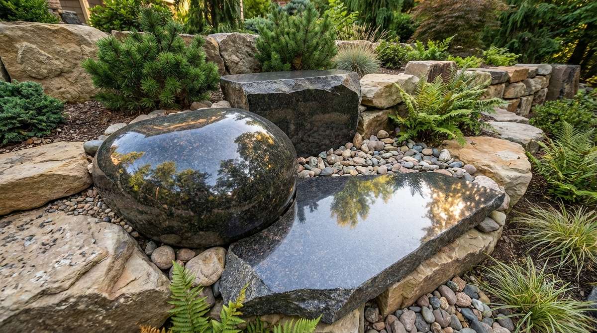 A close-up image showcasing polished granite or marble accents in a stone garden, highlighting their reflective surfaces that contrast with natural finishes and capture surrounding colors.