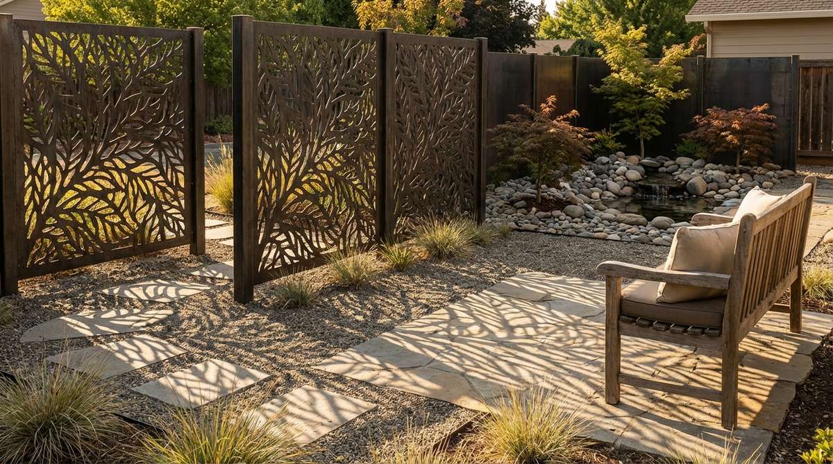 Laser-cut steel privacy screens with organic patterns create artistic boundaries in a Zen garden, casting intricate shadow patterns while allowing air flow and visual porosity.