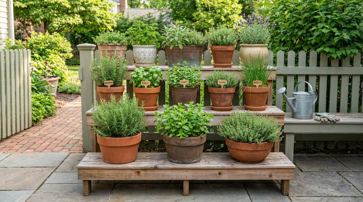 A tiered pot display showcasing multiple levels of plant containers arranged by size and height, perfect for maximizing space in small gardens. This setup is ideal for herb collections, allowing easy access and identification of individual plants for harvesting.