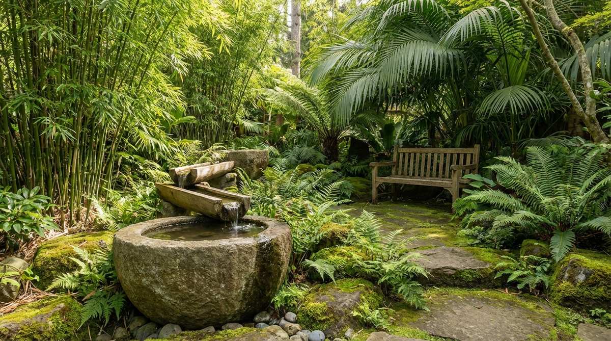 A serene tropical meditation garden featuring bamboo, ferns, and moss with a simple water element. The design emphasizes green foliage and minimal seating to create a calming, contemplative space for mindfulness practices.