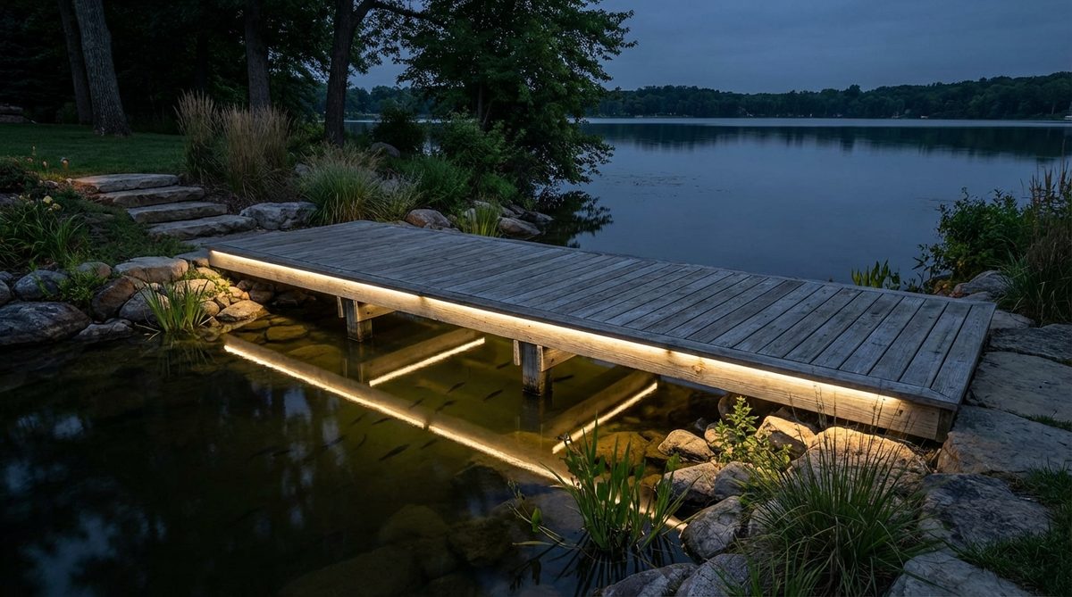 Marine-grade LED strips mounted beneath dock structures illuminating waterfront areas with indirect underwater glow, creating ethereal nighttime environments while attracting fish. IP68-rated fixtures designed for continuous submersion in fresh or salt water with superior sealing to prevent corrosion in harsh aquatic environments.